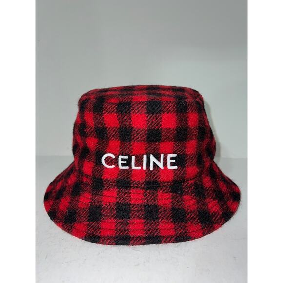 Celine Paris Black Red Checkered Check Wool White Logo Sun Fall Bucket Hat M main image 8